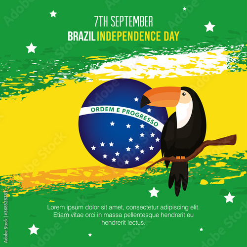 7 september, banner of celebration brazil independence day with toucan vector illustration design