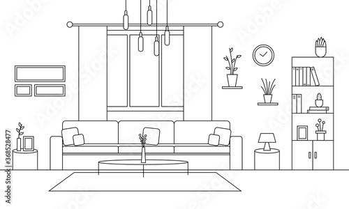 Linear sketch of living room interior. Outline home design. Coloring page