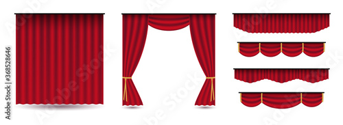 Set of red luxury silk velvet curtains and draperies.Realistic interior decoration design.Clipart illustration isolated on white background