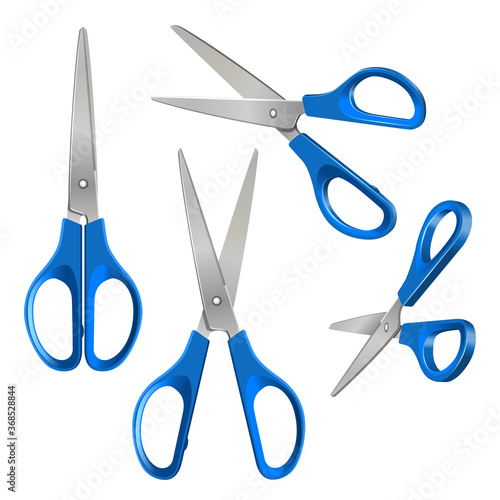 Set of Scissors with blue plastic handles, open and closed