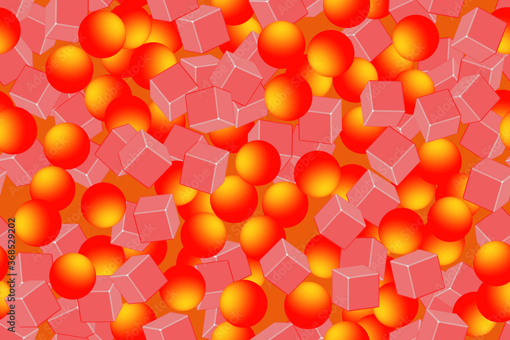 Golden Red Balls Cubes Seamless Pattern, 3D Illustration