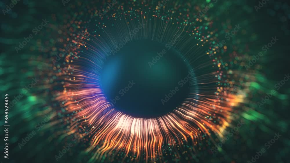 Green and purple lines then form a three-dimensional model of the human eye. The concept of human iris. 3D rendering of an animated abstract background in 4K Green and purple lines then form a three-dimensional model of the human eye. The concept of human iris. 3D rendering of an animated abstract background in 4K