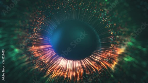Green and purple lines then form a three-dimensional model of the human eye. The concept of human iris. 3D rendering of an animated abstract background in 4K