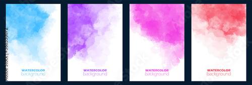 Set of cards with watercolor background. Colorful collection of poster, flyer, business card, wedding invitation template. Vector illustration. Hand drawn blots, splash on white paper. Save the date. © pawczar