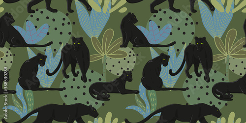 Tropical wallpaper with black Panthers in jungle
