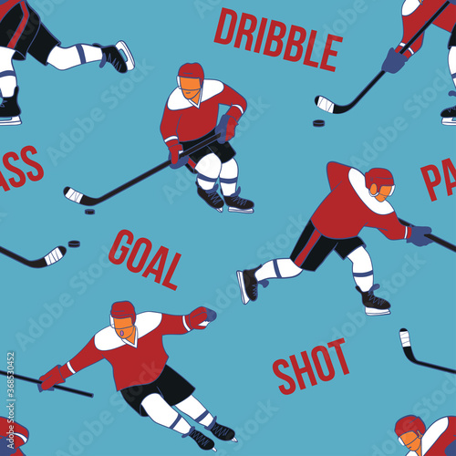 ice hockey player in action skating and kicking a puck with a stick