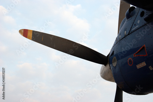 Closeup of propeller airplane engine in Kathmandu airport, Nepal photo