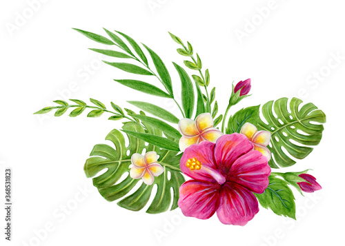 Hand drawn watercolor painting with pink Hibiscus rose, plumeria flowers, monstera palm leaf and palm fronds isolated on white background. Floral summer tropical ornament.