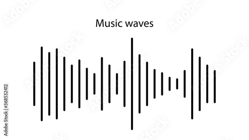 Black lines of different sizes on a white background with the inscription music waves. Sound waves illustration design template. Vector sound wave icon