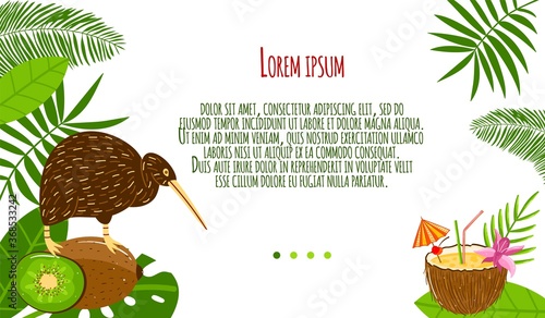 Tropical birds, summer drink vector illustration. Cartoon flat kiwi fruit and exotic bird, fresh drinking coconut cocktail, palm tree leaves decoration in tropic paradise island nature background