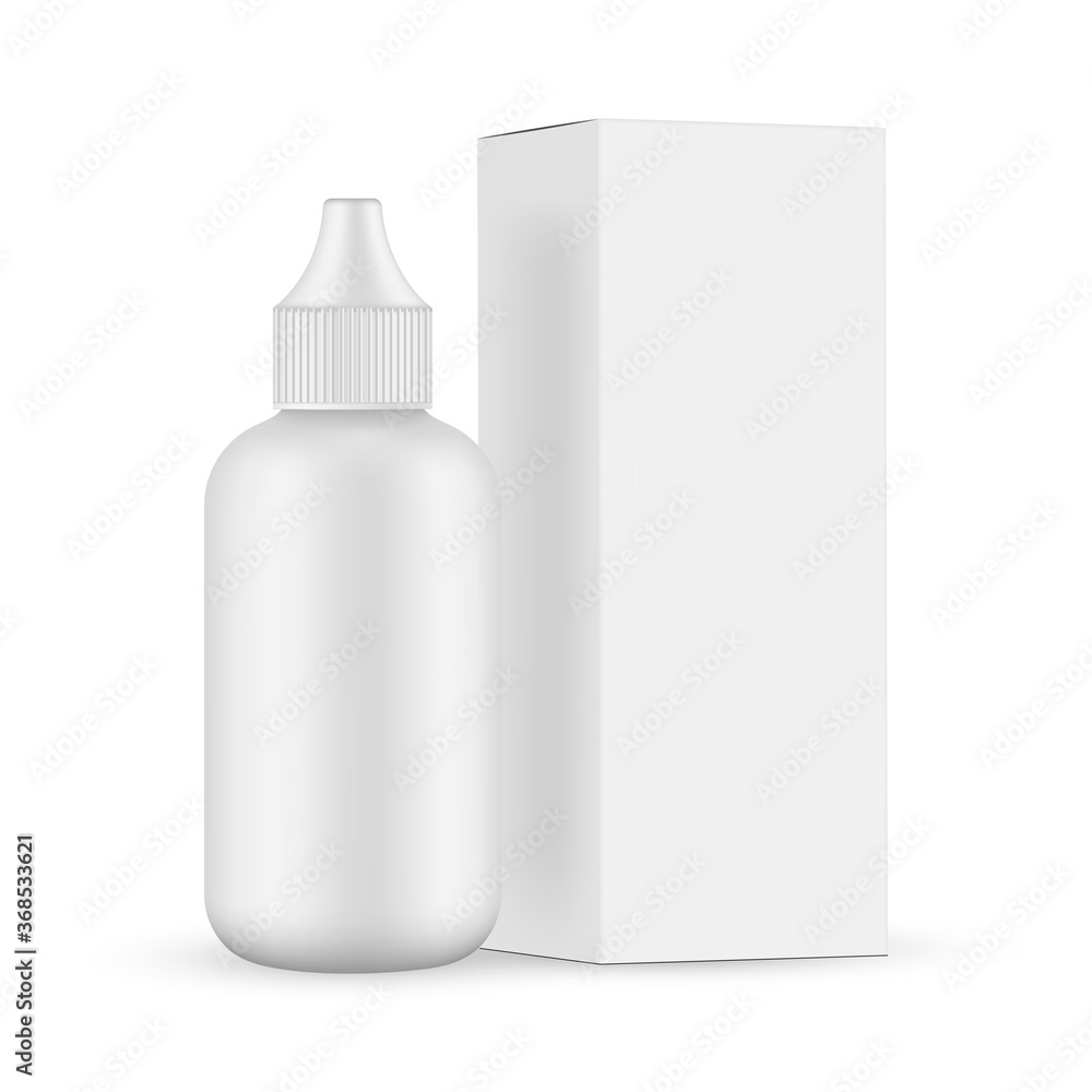 Plastic unicorn dropper bottle with paper box mockup, side view, isolated on white background. Vector illustration Plastic unicorn dropper bottle with paper box mockup, side view, isolated on white background. Vector illustration