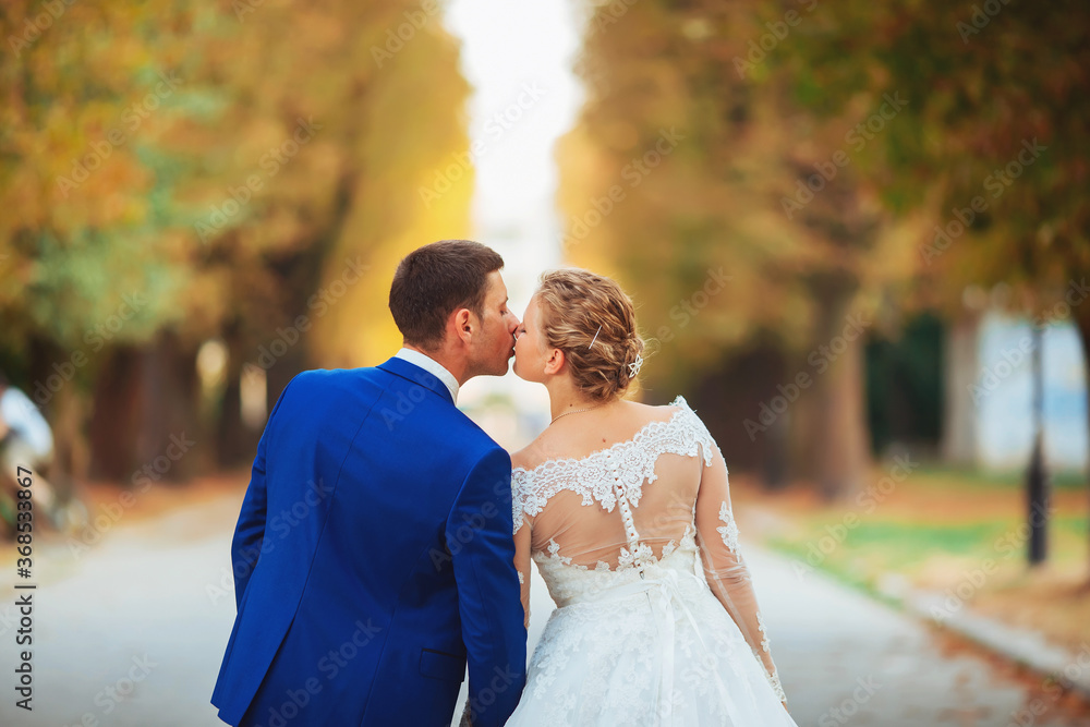 Newlywed couple in the park. Just married. Walk in the park and hug. Newlywed couple in the park. Just married. Walk in the park and hug.