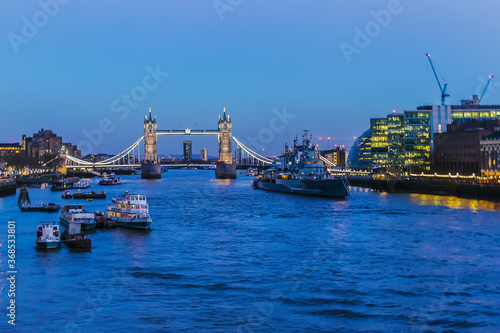 Amazing view of River Thames and famous Tower Bridge on the backgrounds in the evening. London, Great Britain.