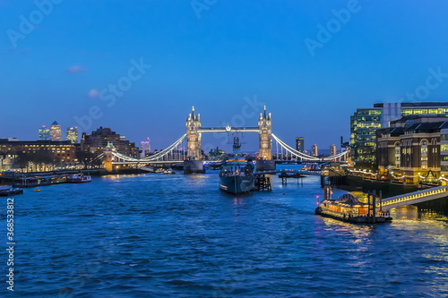 Amazing view of River Thames and famous Tower Bridge on the backgrounds in the evening. London, Great Britain.