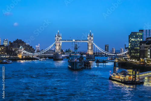 Amazing view of River Thames and famous Tower Bridge on the backgrounds in the evening. London  Great Britain.