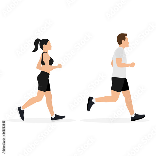 Man and woman in sportswear are running isolated on white background. Vector illustration in flat design