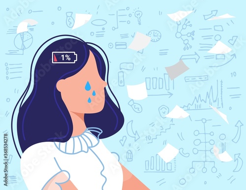 Burnout overwork business people flat vector illustration. Cartoon sad frustrated employee, overworked businesswoman crying due to burnout work problems, low energy battery crisis concept background