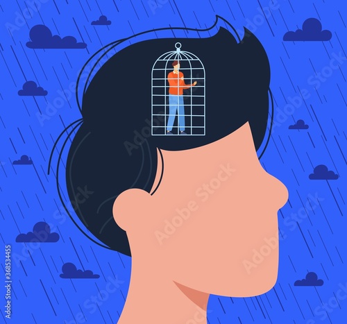 Cage in man head vector illustration. Cartoon flat lonely depressed caged male character standing inside human head in closed prison cage of thought, depression and loneliness mental health concept