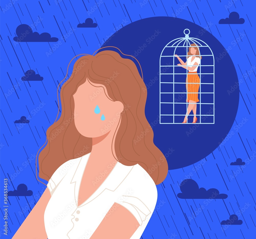 Cage in woman head, psychology vector illustration. Cartoon flat lonely sad frustrated female character crying, feeling anxiety disorder stress due to caged subconscious, need psychological therapy - obrazy, fototapety, plakaty 