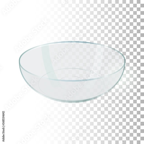 Empty transparent bowl. Side view food container on transparent background. Realistic element for designs in kitchen theme. Vector illustration.