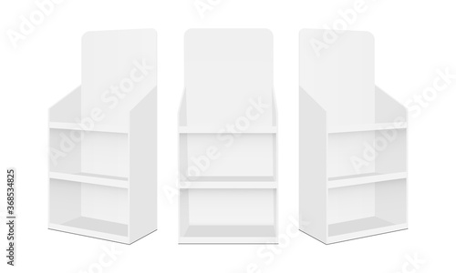 Blank POS display stands with shelves, isolated on white background. Vector illustration