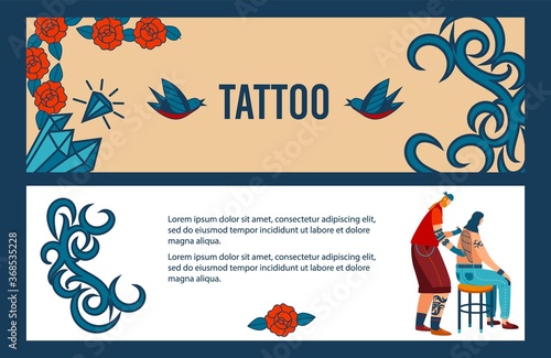 Tattoo artist at work vector illustration. Cartoon flat man tattooist character working, tattooing and making professional creative body old style art, using decorating machine in studio banners set