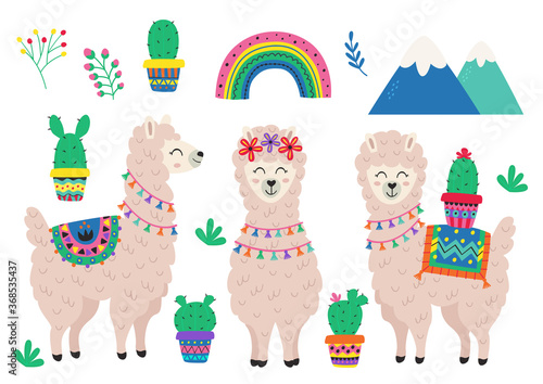 set of isolated cute llama and cactus
-  vector illustration, eps