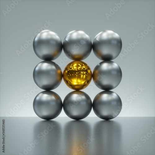 3d render  abstract modern minimal background  one glossy gold ball in the middle of square matrix of silver metallic balls. One of a kind concept. Geometric primitive shapes  assorted spheres