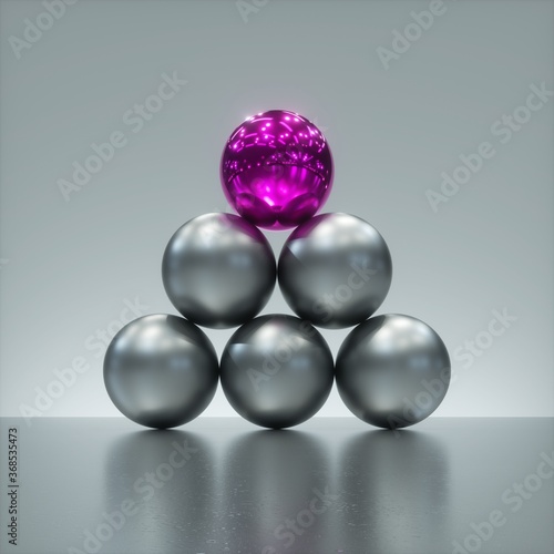3d render  abstract modern minimal geometric background  one glossy pink ball on top of the triangular matrix of silver metallic balls. One of a kind concept. Hierarchy metaphor. Assorted spheres