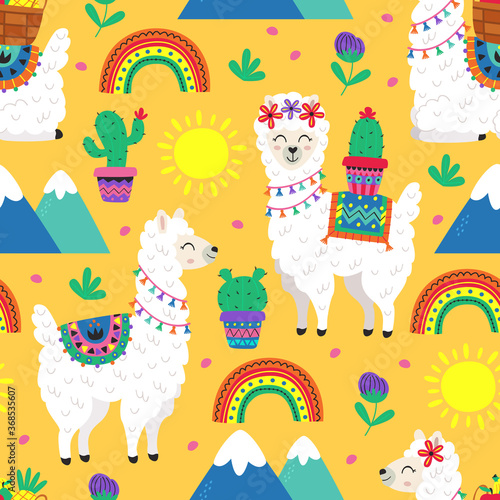 seamless pattern with funny llama and cacti -  vector illustration  eps