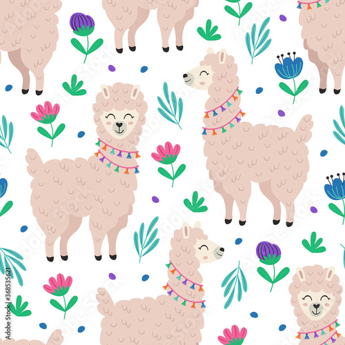 seamless pattern with llama and flowers - vector illustration, eps