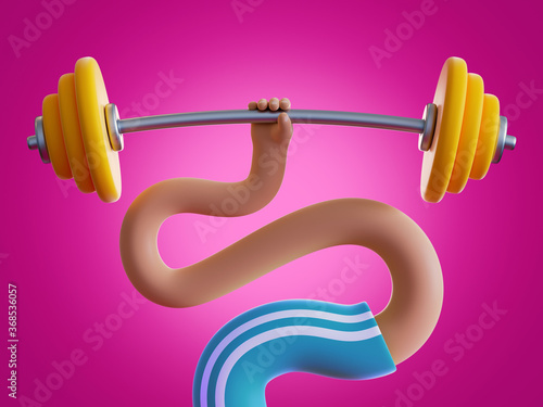 3d render boneless cartoon hands hold heavy barbell, isolated on pink background. Weight power lifting. Bodybuilding exercise. Extraordinary funny surrealistic clip art, unusual sport motivation