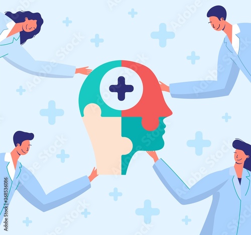 Doctors connect puzzle vector illustration. Cartoon flat medical people connecting brain jigsaw puzzle pieces, doctoral work with patients, support, cognitive rehabilitation and help in mental health