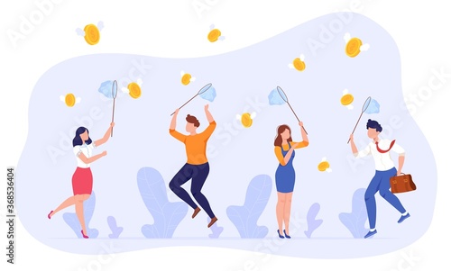 People catch money vector illustration. Cartoon flat employee group characters holding nets, businessman businesswoman jumping, catching flying money coins, success business concept isolated on white