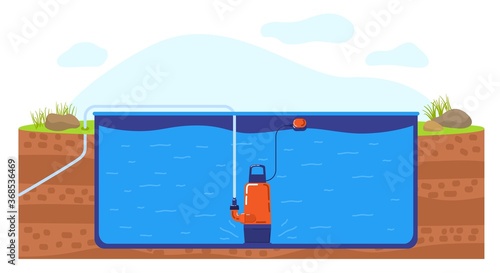 Pump water from pool vector illustration. Cartoon flat industrial pump station works by pumping water into swimming pool reservoir, technology of purification and pipe transportation isolated on white