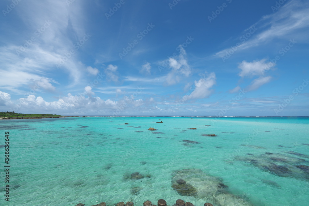 Okinawa,Japan-July 18, 2020: Beautiful sea and beach near Miyako Shimojishima airport in Shimoji island, Okinawa, Japan
