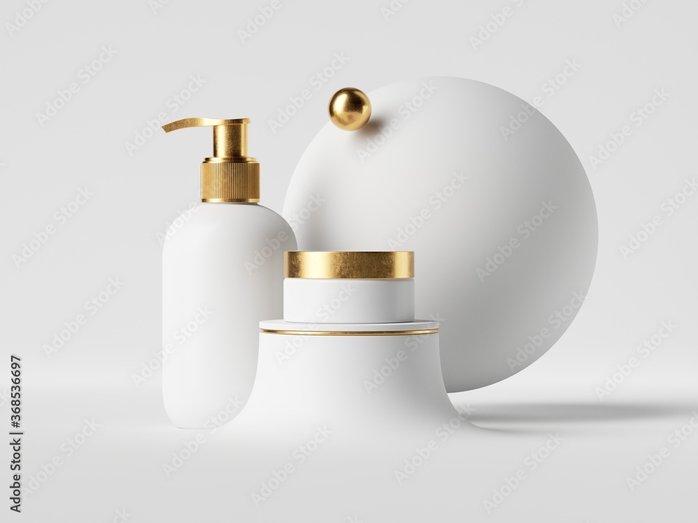 Obraz premium 3d render. Set of white cosmetic bottles with golden caps: jar, vial, dispenser. Skin care beauty products blank mockup.