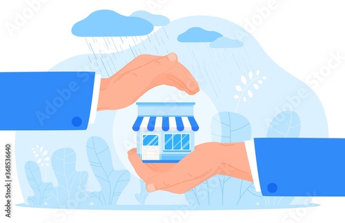 Small business support protection vector illustration. Cartoon flat human hands holding business building, protecting owners investors of local shop from rain, supporting insurance investment concept