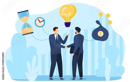 Successful business time management vector illustration. Cartoon flat businessman characters handshaking, success strategy idea symbols, clock sandglass light bulb money bag concept isolated on white