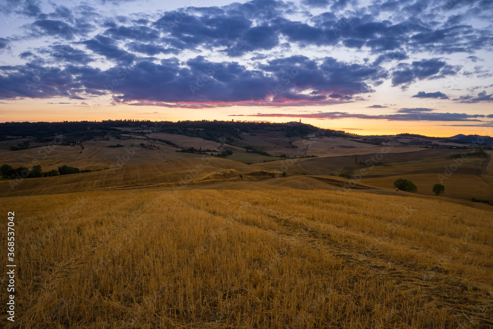 Dusk of a summer morning in Val d'Orcia, Pienza, Tuscany, Italy