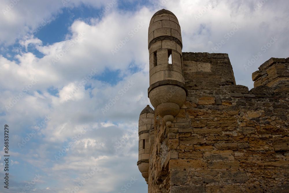 Towers of the Yenikale fortress against the sky. Castle, fortress, landscape.Space for text