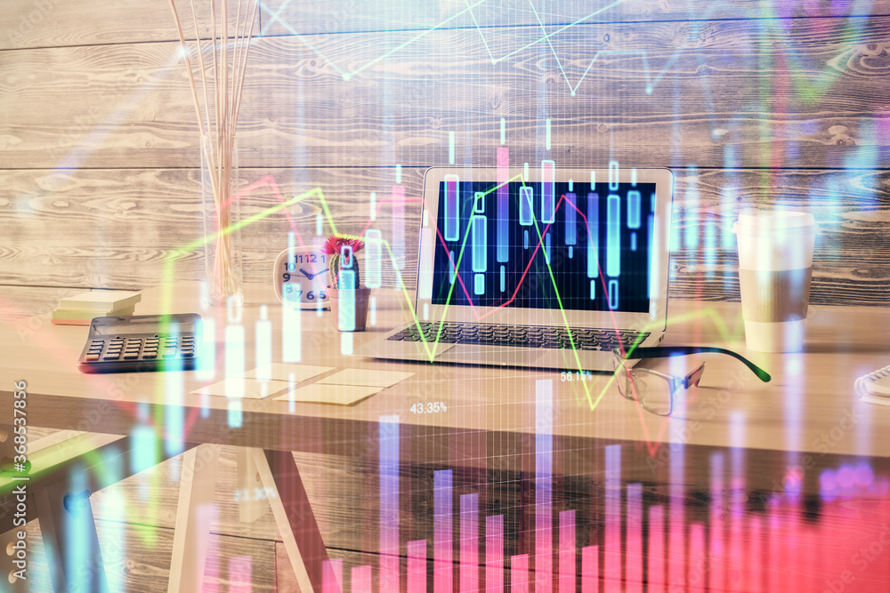 Double exposure of financial graph drawing and office interior background. Concept of stock market. Double exposure of financial graph drawing and office interior background. Concept of stock market.