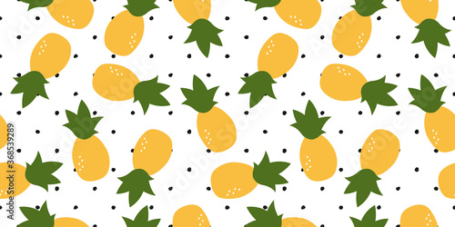 Fresh, yellow colorfull ananas vector seamless pattern. Texture background simple and stylized. Ideal for fabrics, packaging, wallpaper, invitations.