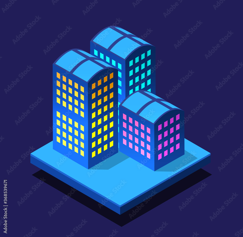 Smart city night neon ultraviolet of isometric buildings houses with streets.