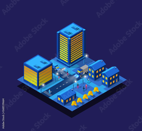Smart city night neon ultraviolet set of buildings houses