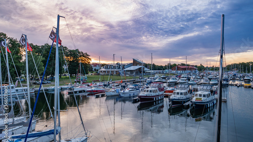 Marina in Gizycko with boats at sunrise, Masuria, Poland. photo