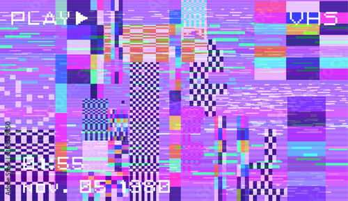 Abstract background with pixel noise artifacts. Glitched old-school screen with digital datamoshing VHS effect, an old analog video recording on tape cassette.