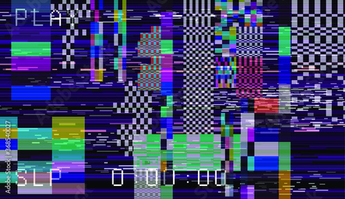 Abstract background with pixel noise artifacts. Glitched old-school screen with digital datamoshing VHS effect, an old analog video recording on tape cassette.