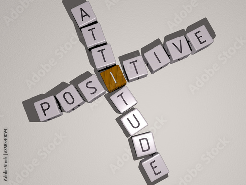 crosswords of breast cancer awareness get well: POSITIVE ATTITUDE arranged by cubic letters on a mirror floor, concept meaning and presentation. illustration and background photo