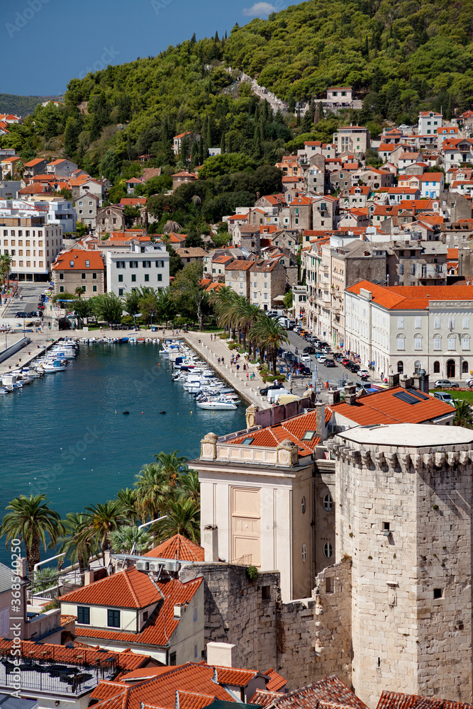 Split, Croatia - view from The Cathedral of Saint Domnius to the Old town, Adriatic sea and port